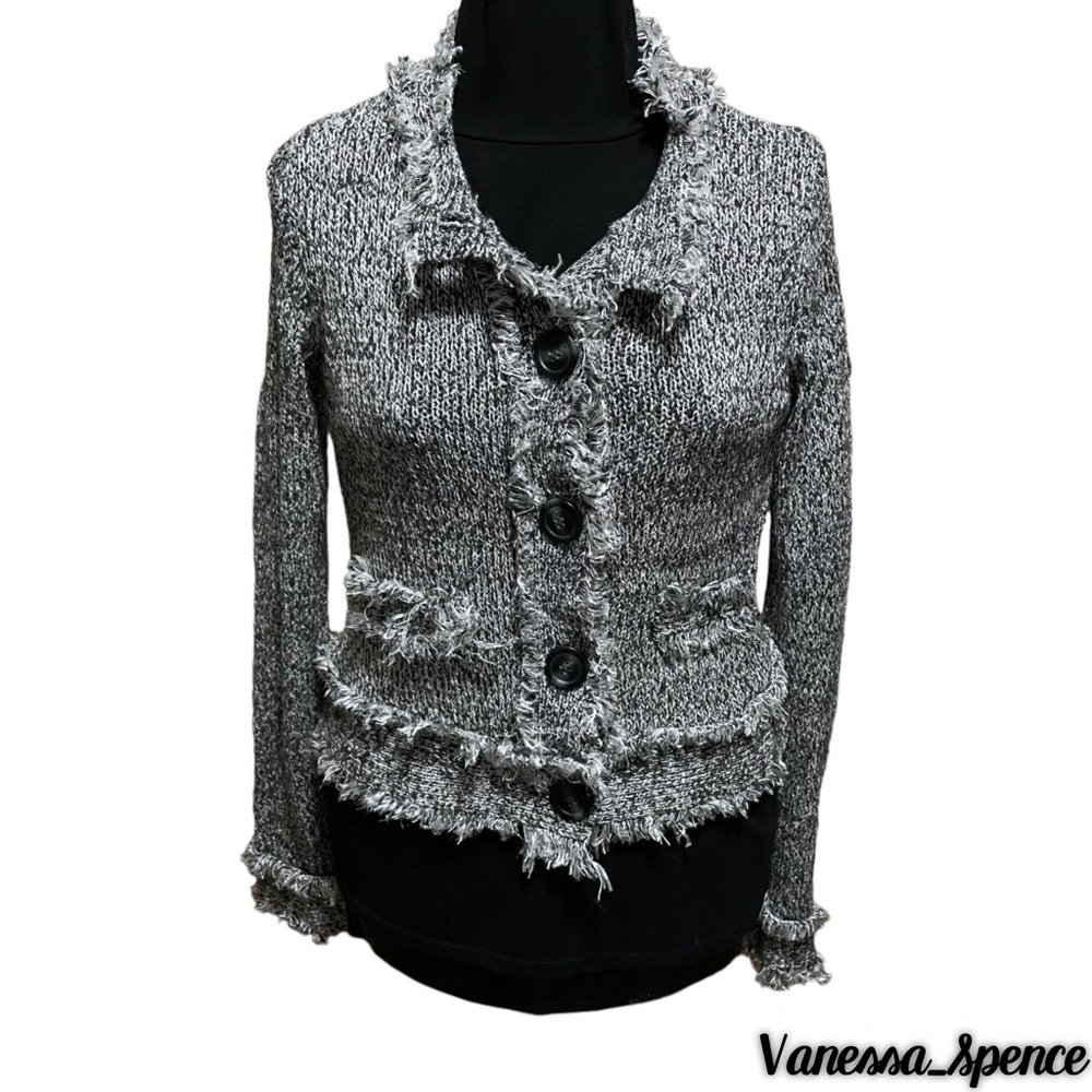 Kenar Frayed Button Up Sparkly Grey Cardigan Sweater Medium